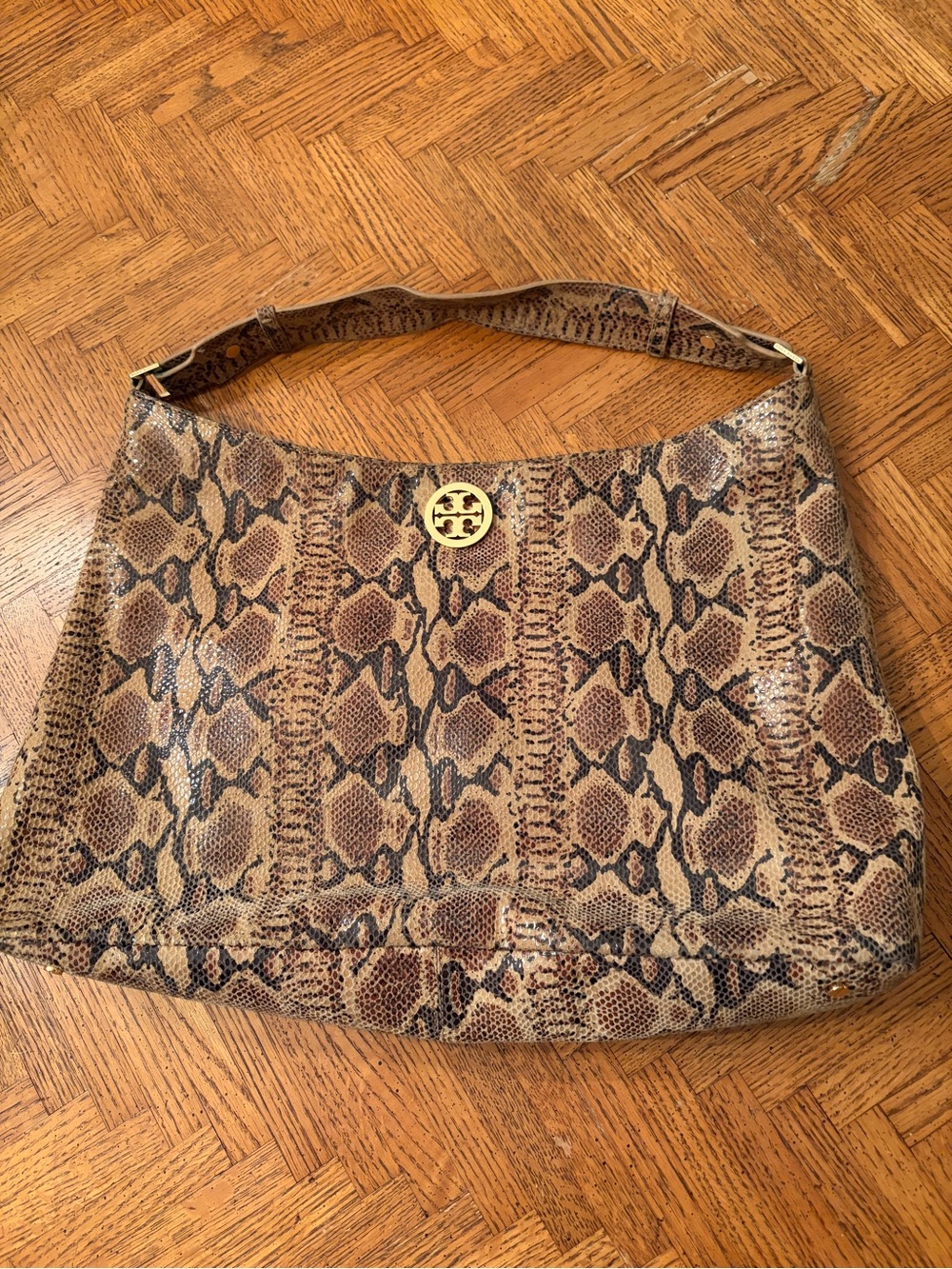 Tory Burch Brown Snake-Print Shoulder Bag with Gold Logo